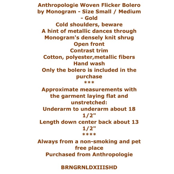 Anthropologie Bolero Small Medium Metallic Shimmer Open Front Topper Shimmering - Picture 2 of 12